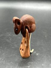 ADORABLE Folk Art Wood Carved Mouse Rat On Cheese Statue Figurine 4”H picture