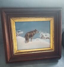 Antique WIDE Picture Frame + Lone Wolf Print Original Frame Wood Back picture