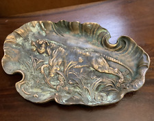 J.Fisher Bronze Metal tray Decorative Tiger Desk Stamped And Signed VINTAGE picture