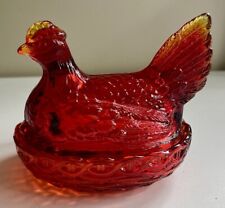 Vintage Rare L.E.Smith Glass Yellow/Red Amberina Hen On Nest  Chipped picture