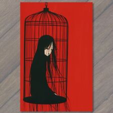 POSTCARD Girl Trapped In Bird Cage Long Hair Weird Unusual Hopelessness Feeling picture