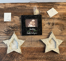 Lot of 2 Ceramic Star and 1 Wood Santa's Little Helper Picture Frame Ornaments picture