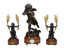 LARGE FRENCH PATINATED BRONZE FIGURAL CLOCK GARNITURE AFTER JEAN ANTOINE HOUDON picture