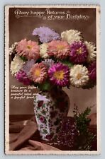 c1924 Colorful Flower Bouquet in Flower Vase Birthday Vintage Postcard 1005 picture