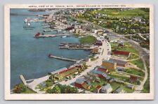 Aerial View of St Ignace Mi Indian Village in foreground Linen Postcard No 4793 picture