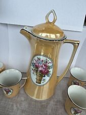 Vintage LEUCHTENBURG GERMAN Porcelain Chocolate Set Pot 6cup & 4 Saucers Flowers picture