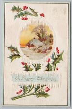 Holiday~Christmas~Winter Sunset Home View~Holly~Vintage Postcard picture