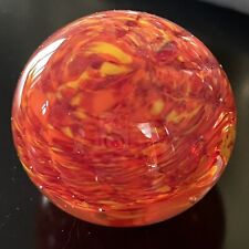 Vintage Artist Signed Orange Yellow Swirl & Bubbles Art Glass Paperweight picture