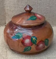 Vintage Hand Painted Lacquer Fruit Pattern Brown Wood Candy Jar Bowl w Lid picture