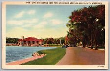 Lake Geneva Wisconsin Lake Shore Drive Park & Picnic Grounds Linen Postcard picture
