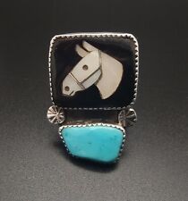 Vintage Zuni Simplicio Turquoise MOP Horse Sterling Silver Ring Size 9½ picture