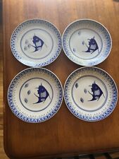 Four Dinner Plates Set Raised Edge Cobalt Blue Koi Carp Fish Porcelain Asian 10” picture