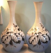 Antique PAIR 2 Vases BRISTOL GLASS Hand Painted Feathers Blue White VICTORIAN picture