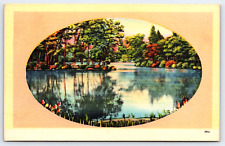 Original Old Antique Vintage Outdoor Postcard Lake Trees Flowers Oval picture