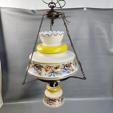 Vintage Quoizel Hanging 2 Light Lamp Cased Glass Shades Floral Brass 1970s 29