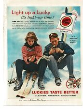 1956 Lucky Strike Cigarettes man woman skiers winter snow Vintage Print Ad picture