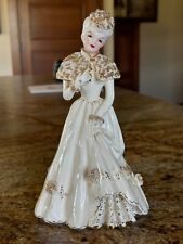 Vtg Florence Ceramics Lady in White Lace Dress Gold Snowball & Trim Accents picture
