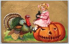Postcard Thanksgiving Girl Black Cat On Pumpkin JOL Turkey HT03 picture