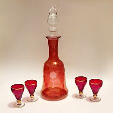 Cranberry Ruby Red Clear Etched Floral Wine Decanter 4 Gold Trim Cordial Glasses picture
