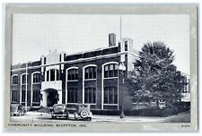 c1920's Community Building Classic Cars Entrance Bluffton Indiana IN Postcard picture