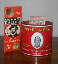 VTG PRINCE ALBERT TOBACCO TIN, SIR WALTER RALEIGH PLPE CLEANER, ROOSEBUD MATCHES picture