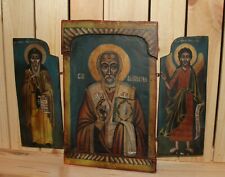 Vintage religious hand painted triptych icon Saint Nicholas picture