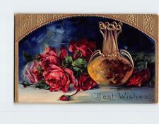 Postcard Best Wishes with Jar Roses Embossed Art Print picture