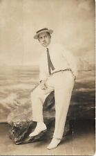Man Real Photo Postcard RPPC Studio Straw Boater Suit 1920s Unposted picture