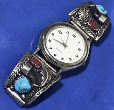 Native American Indian Turquoise Coral  Sterling Silver Watch Bracelet Bend  HL picture