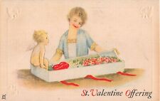 Cupid by Pretty Lady Opening Gift Box of Roses-Old Art Deco Valentine's Day PC picture