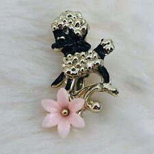 Vtg Mid Century Black Poodle Dog w/ Pink Flower MCM Rockabilly Lapel Brooch Pin picture