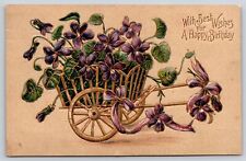 Greetings~Happy Birthday~Gold Horse Cart w/Purple Flowers~PM c1914 Postcard picture
