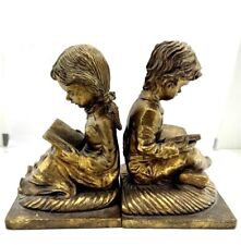 Vintage 8” Brass Bronze Coated Boy & Girl Bookends Reading Heavy Beautiful picture