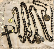 ANTIQUE 1920 CARMELITE NUNS 15 DECADE HABIT ROSARY W/ EXTRA HOLY MEDALS WOW picture