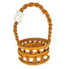 60's Vintage Gold Macrame Easter Basket Porcelain Elephant Bead handle Basket picture