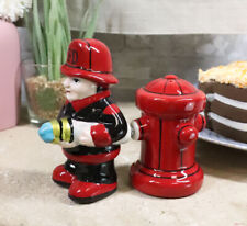 Ebros Fireman Fighter W/ Hose By Red Fire Hydrant Ceramic Salt & Pepper Shakers picture