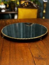 Vintage Antique Brass Trimmed Footed Mirror Elegant Round Vanity Display Tray picture