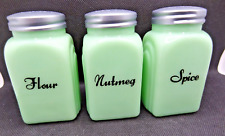 3 Jadeite SPICE-NUTMEG-FLOUR Art Deco Green Milk Glass Vintage-Style Shaker-NOS picture
