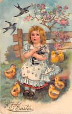 Little Girl Holds Kitten by Chicks & Bluebirds-1910 PFB Gilded Gelatin Easter PC picture