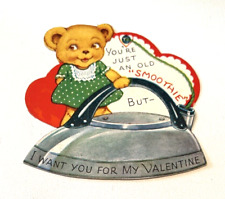 VINTAGE VALENTINES CARD Anthropomorphic Bear & Iron Diecut c1940's picture