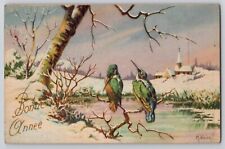Happy New Year Kingfishers Birds M. Vivier French Art Postcard c1910-20's picture