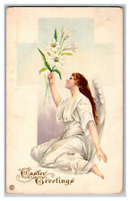 Postcard Easter Greetings Vintage Standard View Card Angel Lillies Flowers picture