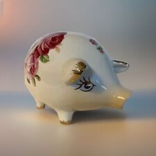 Vintage Victorian Style Ceramic PIGGY BANK White w/ Gold Trim Pink & White Roses picture