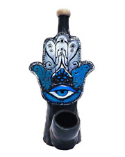 Blue Hamsa Hand Handmade Tobacco Smoking Hand Pipe Spiritual Evil Eye of Fatima picture