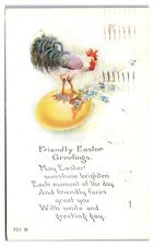 Postcard - Friendly Easter Greetings with Rooster Egg and Flowers c1920 picture