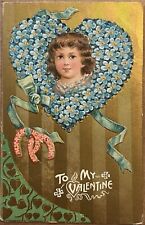Valentines Day Little Girl Flower Heart Horse Shoe Gold Antique Postcard c1910 picture