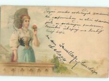 foreign 1903 Postcard WOMAN HOLDING UP PINK FLOWERS : : make an offer AC3928 picture
