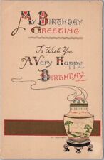 c1910s Art Deco HAPPY BIRTHDAY Postcard Incense Burner / Artist-Signed M. WOOD picture