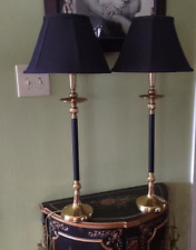 Vintage PAIR Brass Candlestick  Column Table Lamps Colonial Style Shades 31”  picture