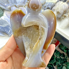 320g Natural Agate Geode Quartz Hand Carved Angel Skull Crystal Reiki Decor picture